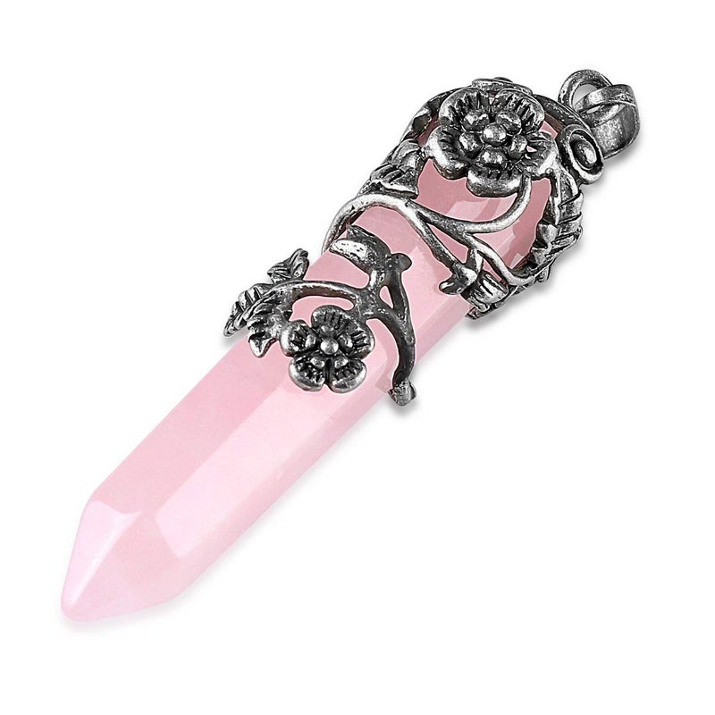 Top Plaza Antique Silver Flower Wrapped Natural Rose Quartz Healing Crystal Necklace Mothers Day Mom Gifts - Image 5
